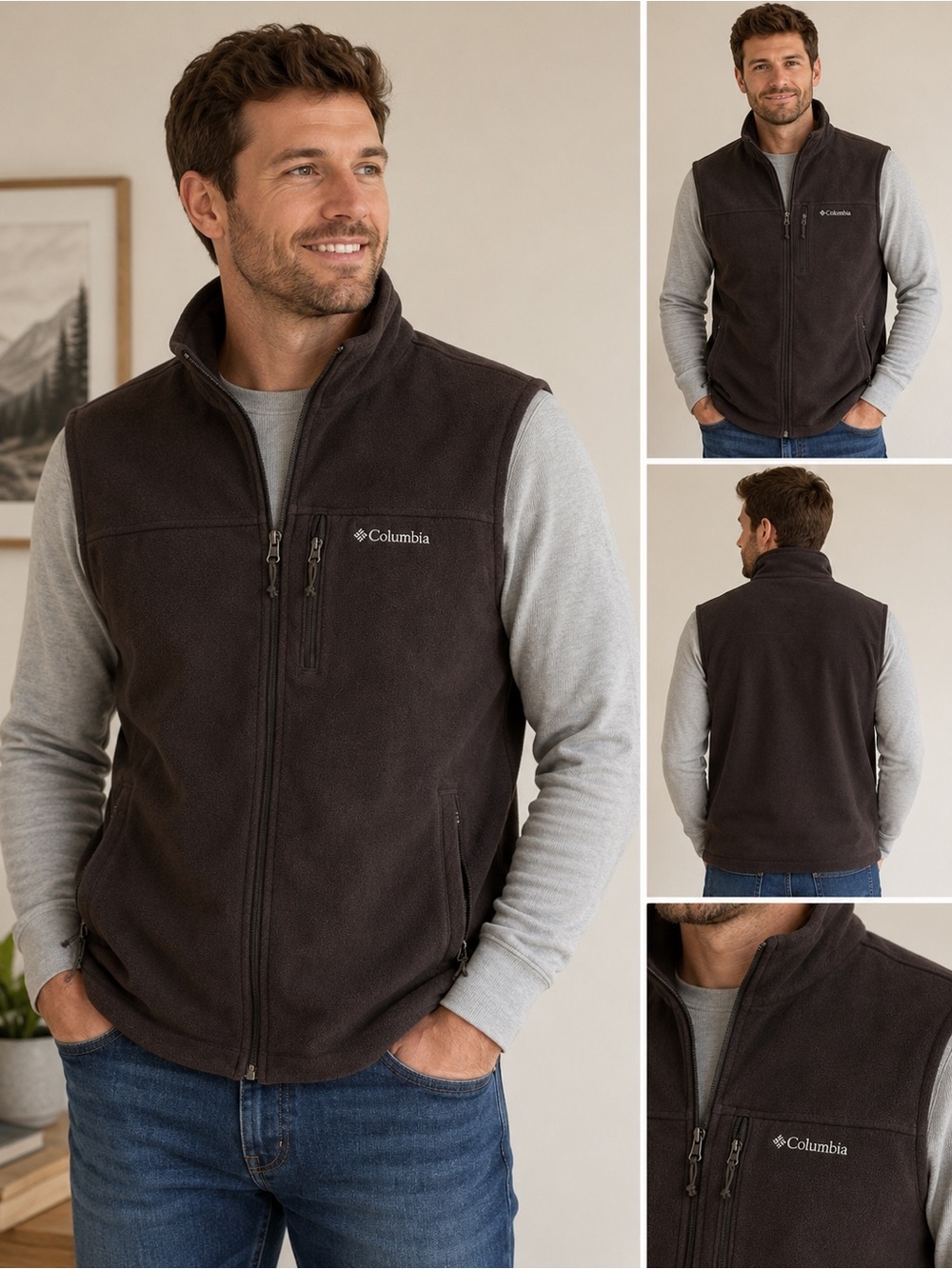 Columbia Fleece Vest Men’s XL Brown Full Zip Outdoor Hiking Zip Pocket